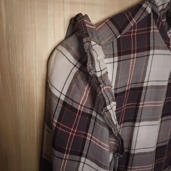 Loft Womens Blue White Plaid Lightweight Blouse Ruffle Trim Medium - Picture 3 of 6